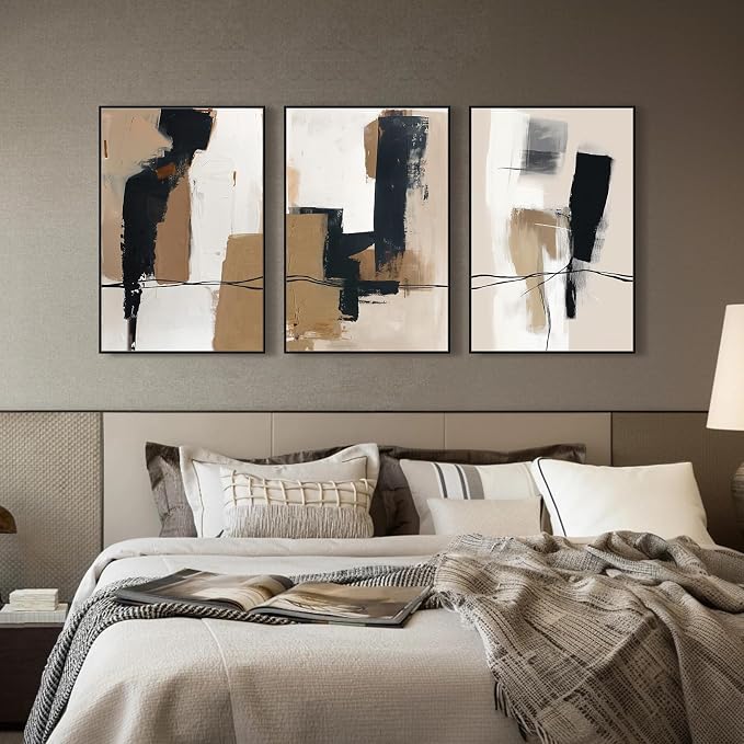 SAFERRYHOME Neutral Abstract Black and Tan Brown Wall Art Set of 3, 24"x36" | Black and Tan Brown Framed Canvas Print Set,Mid-Century Modern Brown Minimalist Shapes for Living Room Bedroom Office Hallway