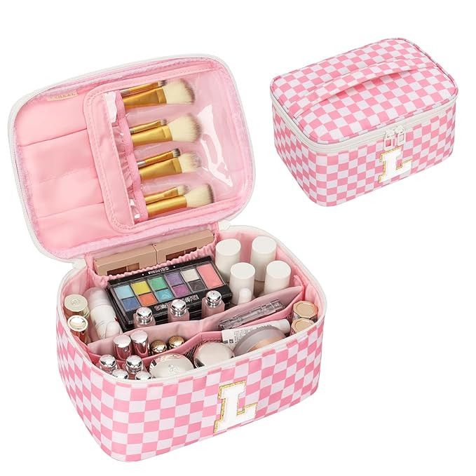 OCHEAL Makeup Bag Valentines Day Gifts for Women, Monogram Cosmetic Bag Pink Travel Makeup Case Beauty Toiletry Bag Organizer Personalized Gifts for Girls Bridesmaid, Sister, Wife, Friends Initial L