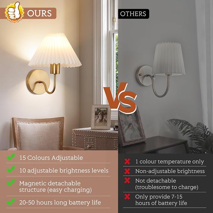 Wireless Wall Sconce Sets of 2, Pleated Shades Rechargeable Battery Operated Wall Sconce, Retro gooseneck Gold Wall Lights Bathroom Vanity Sconces, Wall Mounted Lamps for Bedroom Living Room Kitchen