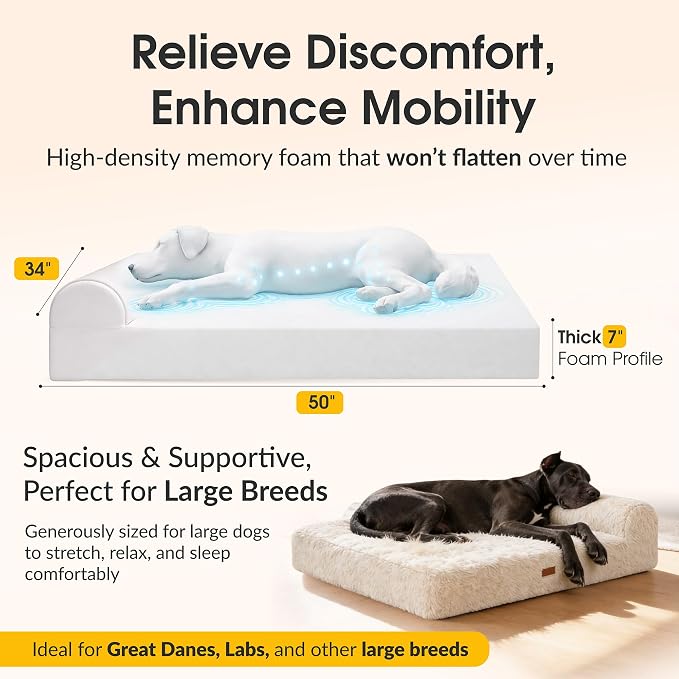 Orthopedic Memory Foam Dog Bed 7" Inch Thick Extra Large Dog Bed with Pillow Fluffy Brown 50"x34"x10" Includes Waterproof Liner & Durable Removable Cover with Smart Design