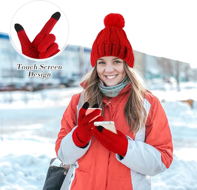 SATINIOR 5 Pcs Winter Hat Scarf Gloves Set Fleece Warm Lined Knit Beanie Hat Touch Screen Earmuff Gloves Warmer for Women(Red,Classic Style)