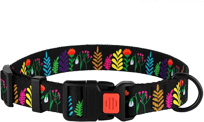 Nylon Dog Collar Floral Pattern Black 14-18 inch
