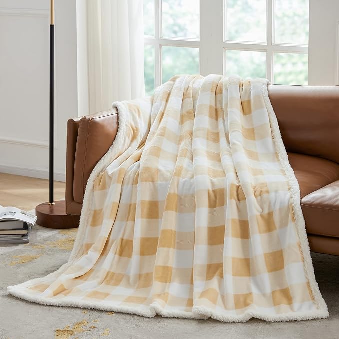 Sherpa Buffalo Plaid Twin Blanket 60" X 70", Fuzzy Fluffy Soft Cozy Throw Blanket, Fleece Flannel Plush Microfiber Blanket for Couch Bed Sofa(Beige)