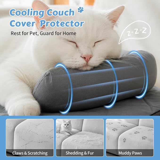 Cooling Dog Bed Mats with Neck & Head Support, 31.5 x 23.62 inch Grey | for Small and Medium Dogs & Cats, Non-Slip, Machine Washable, Protects Sofa from Fur & Scratches