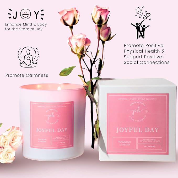 Extra Large Candle – Joyful Day | Hand-Poured Soy Candle with Freesia & Rosewood | 14.1 oz (400g) 60 Hours| Vegan, Clean Burn, Aromatherapy | Gift for Women, Self-Care