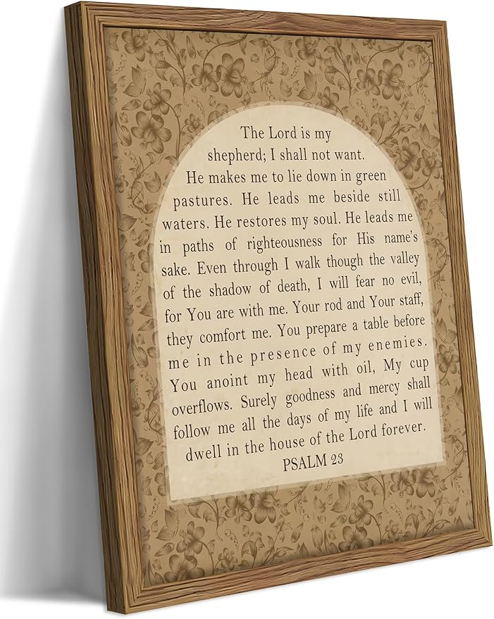 Framed Psalm 23 Wall Art, Christian Bible Verse Canvas Wall Decor, The Lord Is My Shepherd Inspirational Scripture Paintings, Vintage Floral Artwork Print Picture for Bedroom Home Office 12x16 Inch