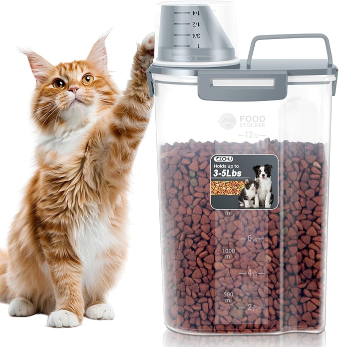 Dog Cat Food Storage Container with Cup (Dark Gray, 2.5L)