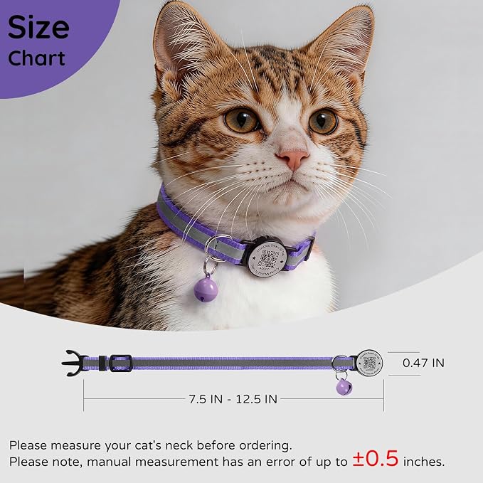Breakaway Cat Collar QR Code, Reflective Bell, Adjustable Kitten, Purple