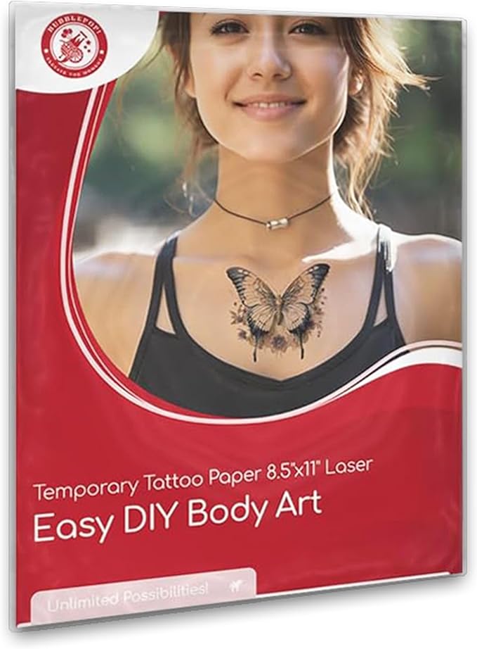BubblePop! Printable Temporary Tattoo Paper for Laser Printer - Skin-Safe, Water-Resistant Tattoo Paper for Printer - Make Your Own Temporary Tattoos with Blank 8.5x11” Sheets - 10 Set