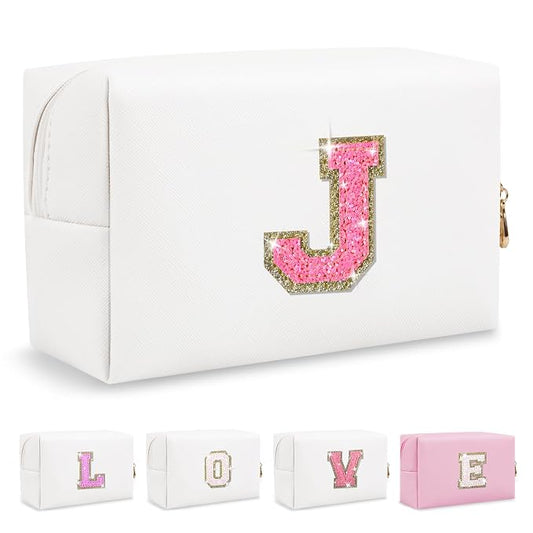 Small Personalized Initial A-Z Patch Makeup Bag,White Cute PU Leather Glitter Letter Cosmetic Bag for Teen Girls,Travel Toiletry Bag with Zipper,Preppy Monogrammed Birthday Gift for Daughter Niece J