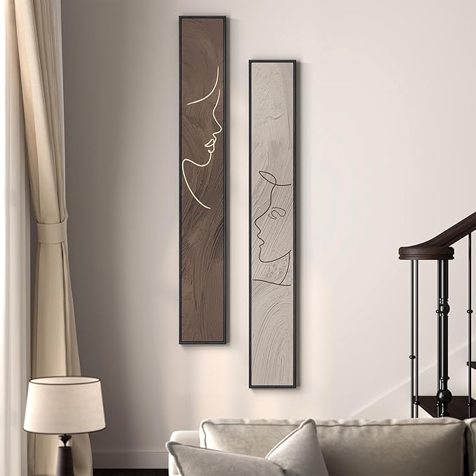 Large Framed Neutral Abstract Vertical Wall Art Set of 2, Modern Brown and Beige Canvas Prints Paintings for Walls, Minimalist Long Narrow Pictures for Living Room Bedroom Hallway Entryway Wall Decor
