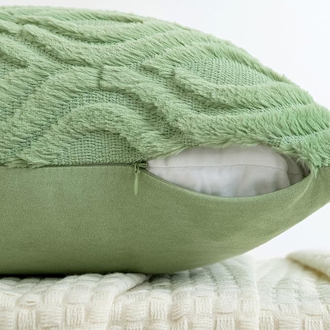 MIULEE Sage Green Soft Plush Faux Wool Lumbar Throw Pillow Covers 12x20 | Set of 2, Farmhouse Boho Home Decor, Decorative Cushion Covers for Sofa, Living Room, Bed