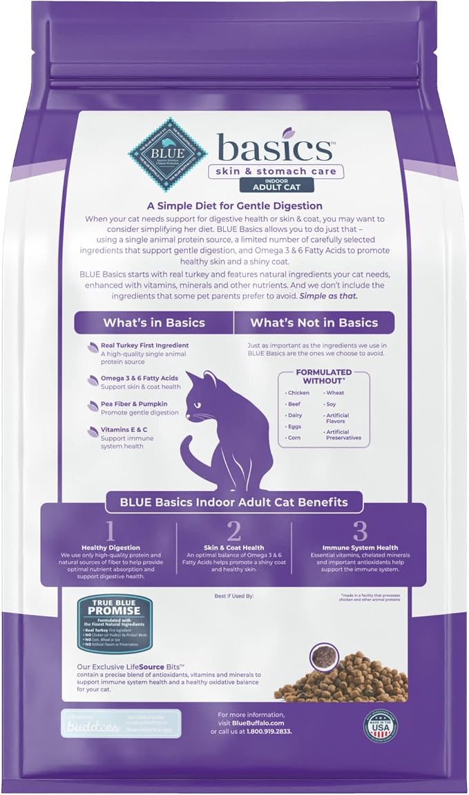 Blue Buffalo Basics Turkey Grain-Free Dry Cat Food, 5 lb | Skin & Stomach Care, Real Turkey #1 Ingredient, Limited Ingredient Diet, Antioxidant-Rich LifeSource Bits, Skin & Coat Health