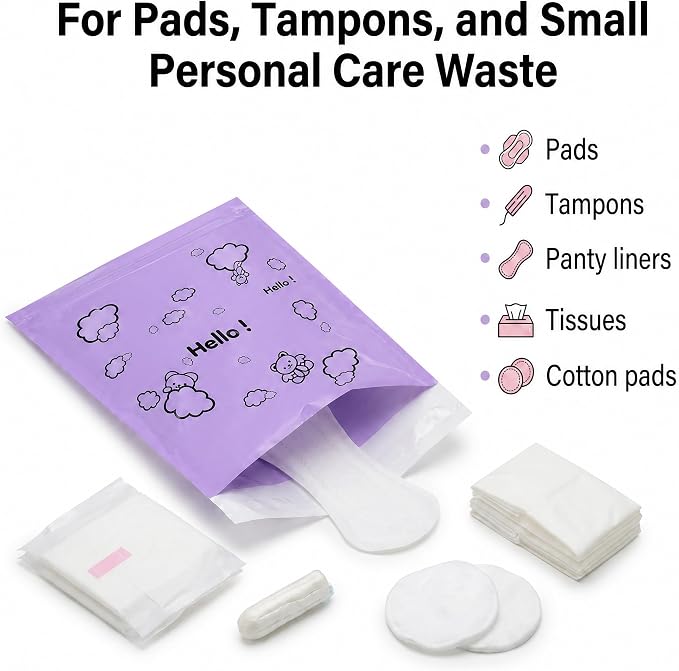 [110 Count] Bynibiny Purple Feminine Hygiene Disposal Bags for Pads | PE Self-Sealing Sanitary Napkin Bags with Adhesive Strip, 29x17cm, Teddy Bear Print, Discreet for Bathroom, Travel, Office