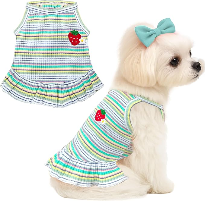 Cute Small Dog Dress Girl Female Dog Clothes Spring Summer Pet Puppy Cats Striped Dress Outfits for Shih Tzu Yorkies Chihuahua Maltese(Strawberry Green,Medium)