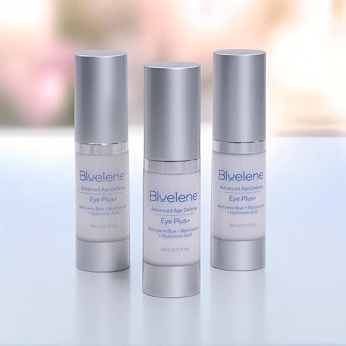 Bluelene EyePlus+, a new formula powered by the ultimate trifecta of Methylene Blue, Ergothioneine, and Niacinamide. Dermatologist approved. Suitable for Sensitive Skin.
