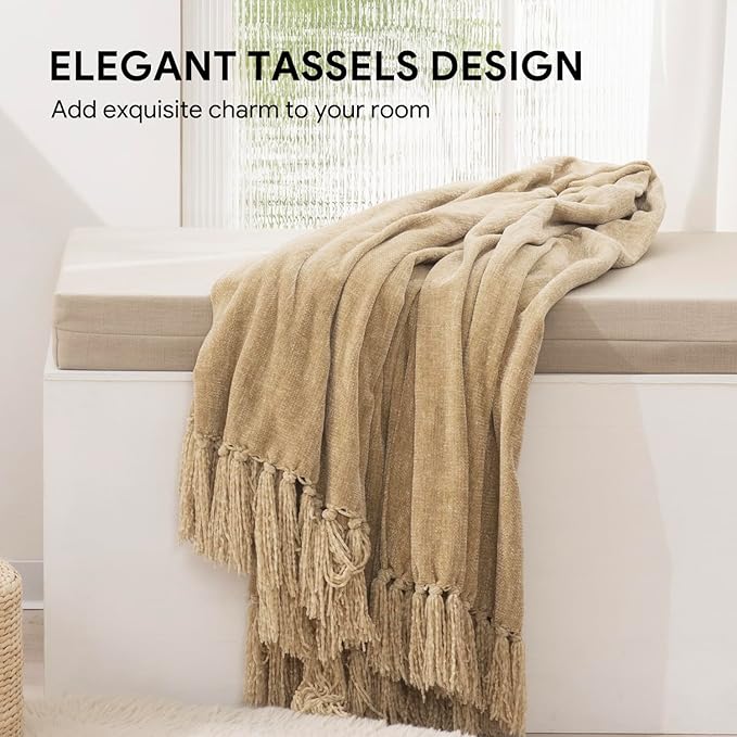 RECYCO Chenille Throw Blanket for Couch, 60"x80", Beige | Super Soft Knit Throw Blanket with Fringe Tassels, Lightweight Knitted Throw, Cozy, Ideal for Sofa Chair Bed Living Room Gift