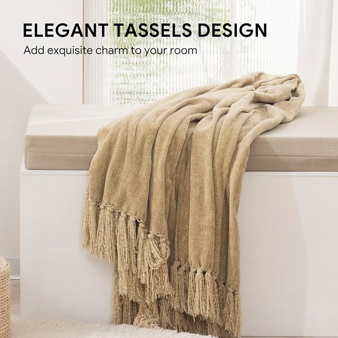 RECYCO Chenille Throw Blanket for Couch, 50"x60", Beige | Super Soft Knit Throw Blanket with Fringe Tassels, Lightweight Knitted Throw, Cozy, Ideal for Sofa Chair Bed Living Room Gift