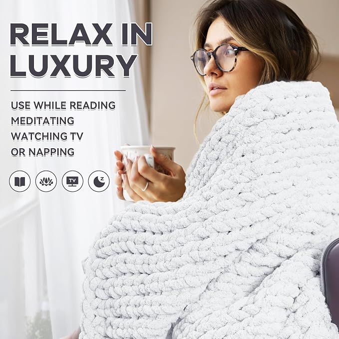 Chunky Knit Blanket - Luxury Soft Cozy 50 * 60 Throw Blanket,100% Woven Blanket Rope Knot Throw Blanket for Couch, Sofa, Home Decor, Gift - Machine Washable (White, 50 * 60)