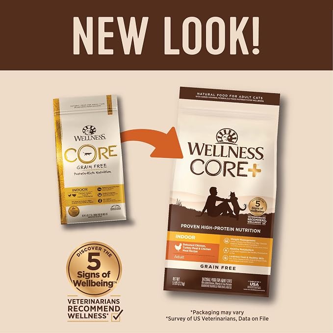 Wellness CORE+ Adult Dry Cat Food for Indoor Cats, Natural, Grain Free Kibble, Chicken, Turkey and Chicken Meal Recipe, 5 lb Bag
