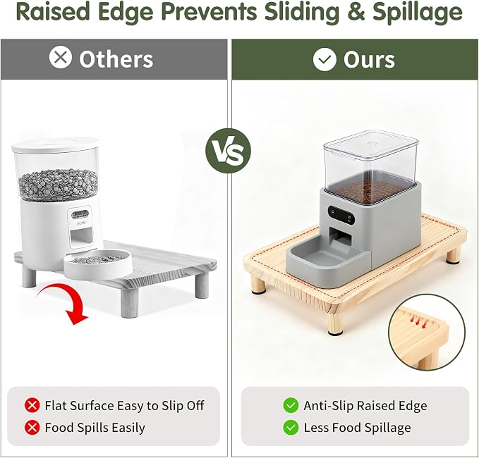 Cat Food Stand, Elevated Cat Feeding Station for Bowls & Feeders | Raised Rim Bowl Support, For Automatic Feeders & Bowls, Non-Slip Feet, Tool-Free Assembly, 15.8 x 9.8 in Wood Platform
