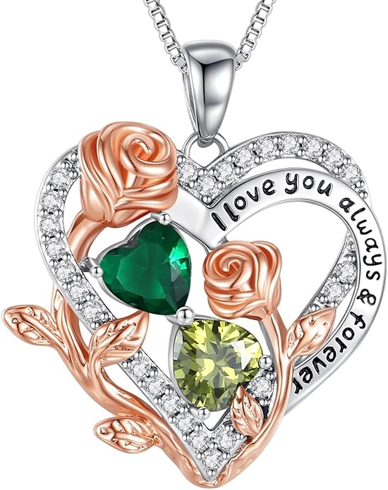 I Love You Birthstone Necklace, 925 Sterling Silver Heart Pendant with CZ Diamond Stones, Birthday Gifts for Women, Romantic Gift for Wife, Girlfriend, Her, Anniversary, Valentine's Day, Christmas