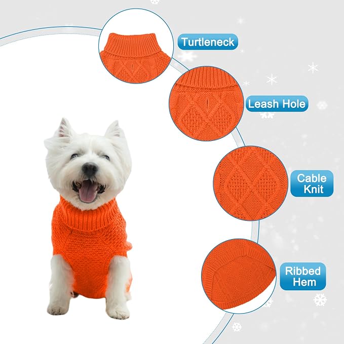 Mihachi Turtleneck Dog Sweater - Winter Coat Apparel Classic Cable Knit Clothes with Leash Hole for Cold Weather, Ideal Gift for Pet in New Year Orange X-Small