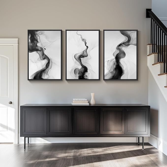 Large Framed Black and White Abstract Wall Art for Living Room, Set of 3 Modern Canvas Prints Paintings Artwork for Walls -Minimalist Pictures for Hallway, Bedroom, Office Wall Decor 24x36 In
