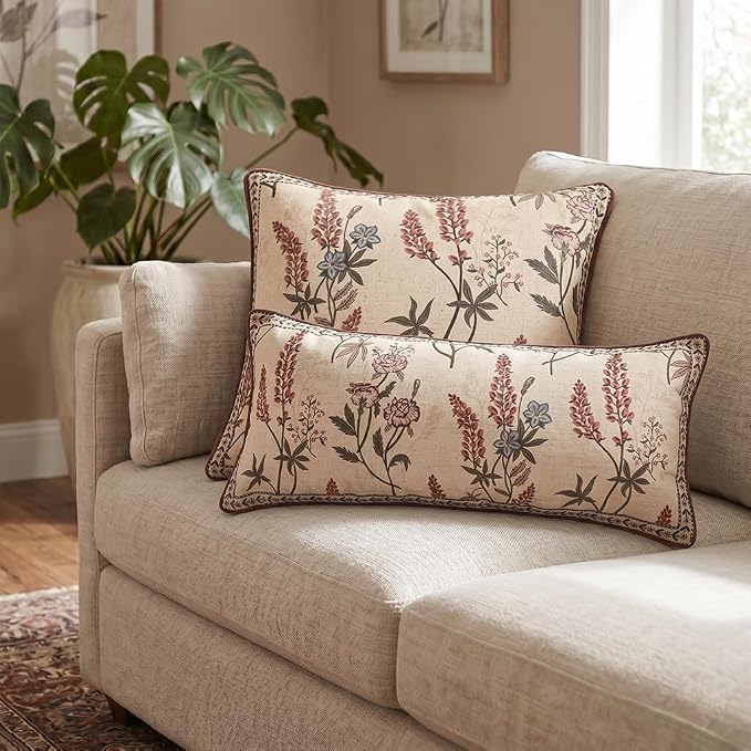 Designer Vintage Linen Throw Pillow Cover,28"x12"-Helena A | Elegant French Rectangle Pillow Cover,Concealed Zipper Design,Floral Pattern,Sofas,Bedroom,Living Room,Lounge Chairs