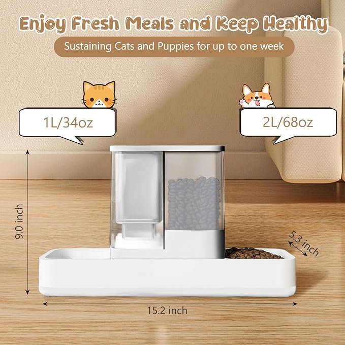 GearRoot Automatic Cat Feeder and Water Dispenser, 2 in 1 Gravity Pet Food Feeder and Water Dispenser Detachable Cat Food Dispenser for Small Dogs and Cats, White