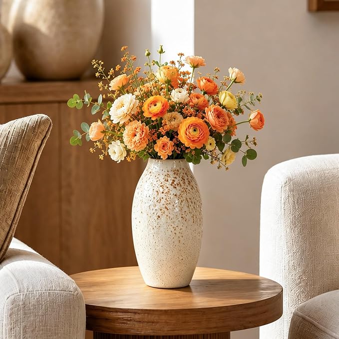 Cream Ceramic Flower Vase Speckled Bubble Glaze Home Decor | 7.08 Inch Rustic Table Vase, Decorative Ornament for Living Room,Office,Wedding,Birthday