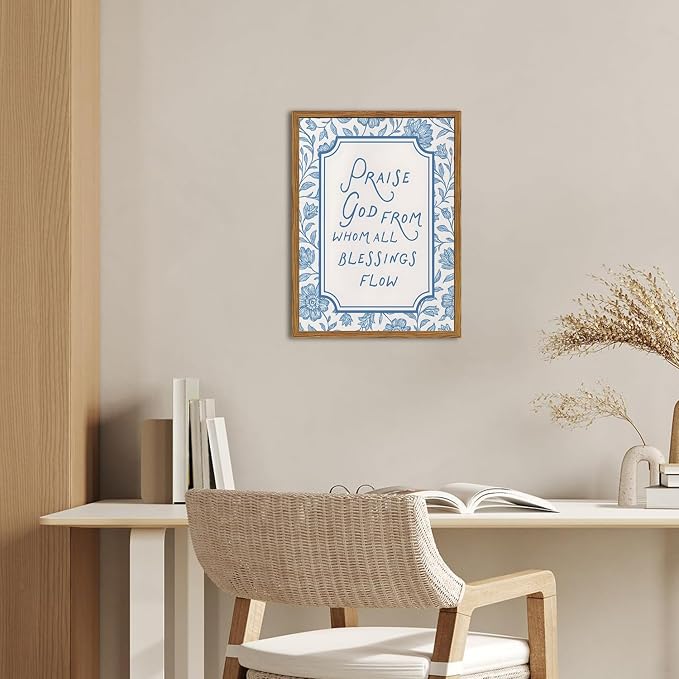 Framed Christian Wall Art, Bible Verse Praise God From Whom All Blessings Flow Pictures Wall Decor, Blue Floral Scripture Paintings Canvas Prints Religious Home Decor for Prayer Living Room 16x24 inch