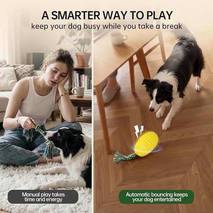 Interactive Dog Toys, Automatic Bouncing Dog Toy with Rope, Motion Activated Corn Dog Toy, Rechargeable Moving Dog Toy with 3 Play Modes, Keeps Dogs Busy, Boredom Relief ChewToy for Small Medium Dogs