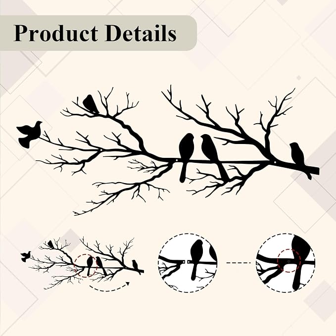 Metal Birds Wall Art, Metal Vivid Birds on Branch Silhouette Wall Decor Black Leaves with Bird Outdoor Hanging Wall Sculpture for Home Balcony Garden(Large)