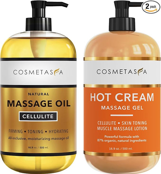 Cellulite Massage Oil & Hot Cream - 100% Natural Cellulite Oil & Gel, Highly Absorbable, Firm, Tone, Tighten & Moisturize Skin - Soothes Muscles (16.9 Fl Oz Each Bottle)