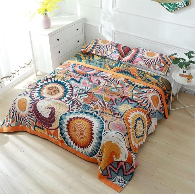 MSGKV Boho Throw Blanket 50"x60" Summer Cotton Colorful World Blanket | 100% Cotton Muslin, Decorative Throw Blanket, Reversible Weave, Soft & Breathable, Cozy Home Decor, Machine Washable