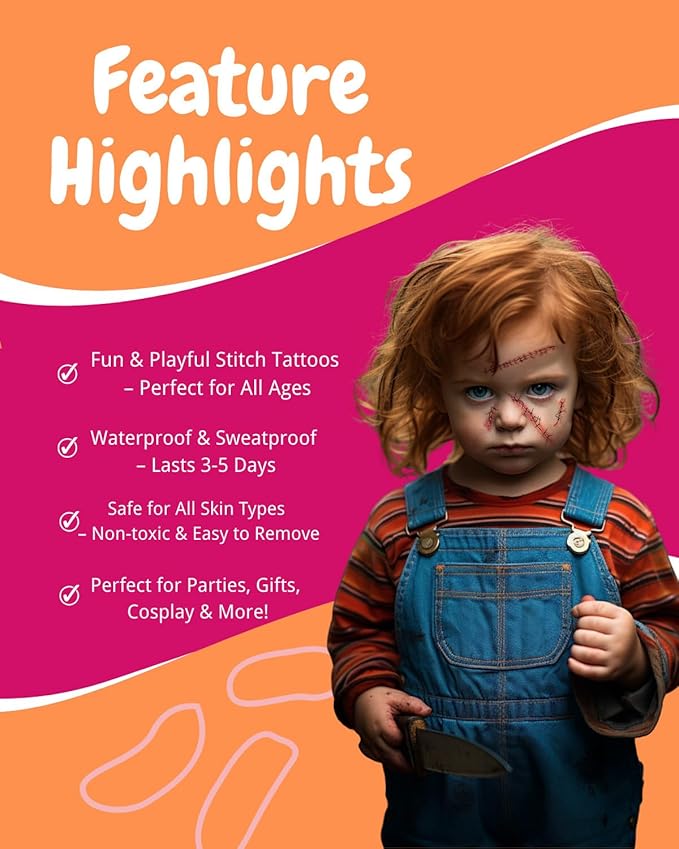 Horror Realistic Fake Bloody Wound Stitch Scar Scab Waterproof Temporary Tattoo Sticker Halloween Masquerade Prank Makeup Props (5 Sheets Stiching)