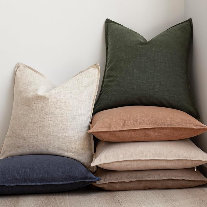 Foindtower Pack of 2, Decorative Linen Solid Throw Pillow Covers Soft Accent Cushion Case Farmhouse Neutral Pillowcase for Chair Couch Sofa Bedroom Living Room Home Decor 24 x 24 Inch Dark Olive Green