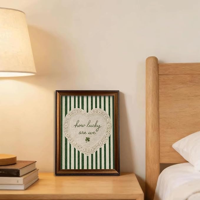 Framed How Lucky Are We Wall Art Vintage Inspirational Quotes Decor Print | Green Striped Lace Heart Aesthetic Painting Poster Trendy Preppy Canvas Picture for Bedroom Collage Ready to Hang 16inx24in