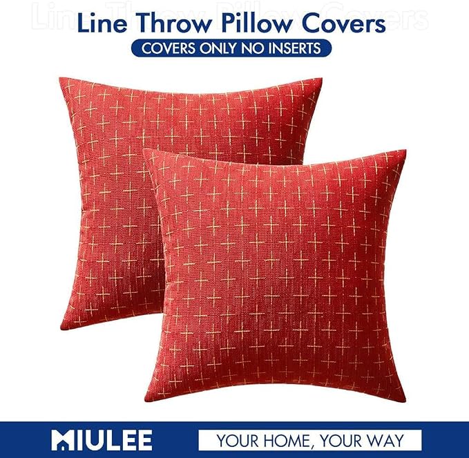 MIULEE Pack of 2 Christmas Decorative Burlap Linen Throw Pillow Covers Modern Farmhouse Pillowcase Rustic Woven Textured Cushion Cover for Sofa Couch Bed 18x18 Inch Christmas Red
