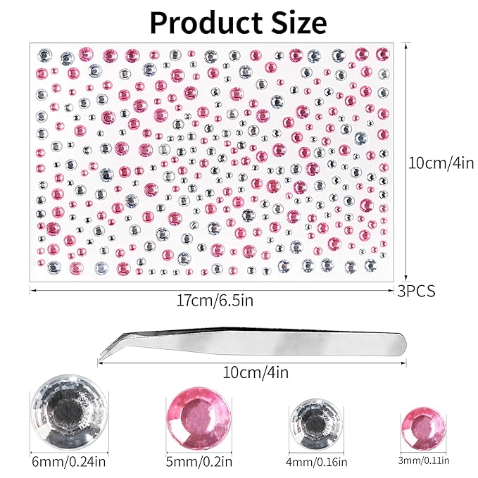 975Pcs Face & Eye Gems -Self Adhesive Rhinestones, 3/4/5/6 mm DIY Face & Body Gems, Craft Pearls (White+Pink)