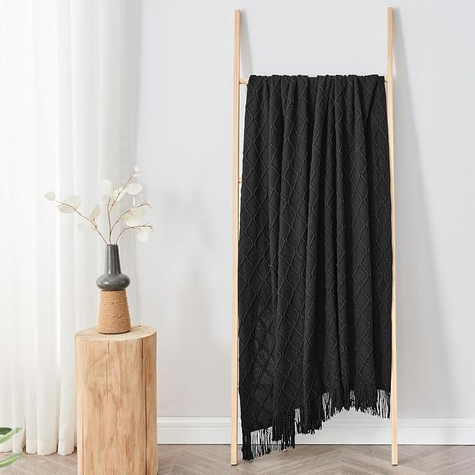 inhand Black Knitted Throw Blanket for Couch and Bed, 60"x80" | Soft Cozy Knit Blanket with Tassel, Lightweight Decorative Blankets and Throws, Farmhouse Warm Woven for Men and Women