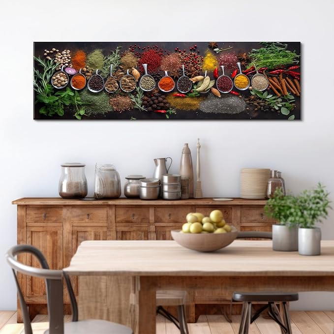 Large Colorful Kitchen Wall Art Spices Herb Food Picture for Dining Room Wall Decor Vintage Seasoning Herb Spoon Canvas Prints Poster Modern Family Bar Painting Artwork Home Decorations 14x48”