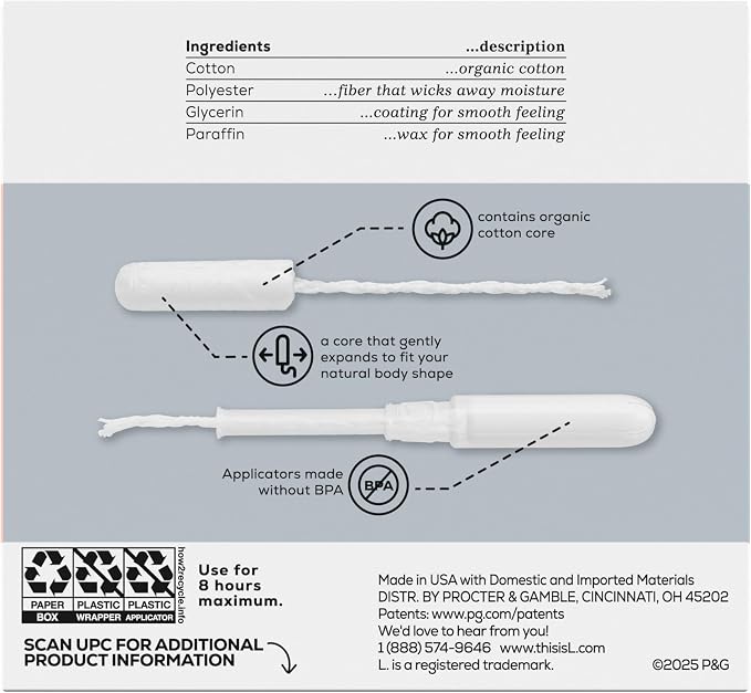 L. Tampons, Made with Organic Cotton, Super/Super Plus Absorbency, Multipack, Made Without Synthetic Pesticides, Rayon or Fragrances, Applicator Made Without BPA, Leak-Stopping Design, 36 Count