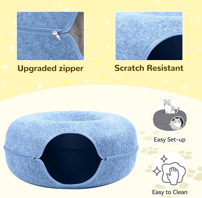 Cat Caves for Indoor Cats, Large Cat Tunnel for Multiple & Large Cats, Scratch Detachable Cave Bed, Kitten Donut Kitty Hideaway Up to 45 Lbs (Blue, Large, 2 Pack)