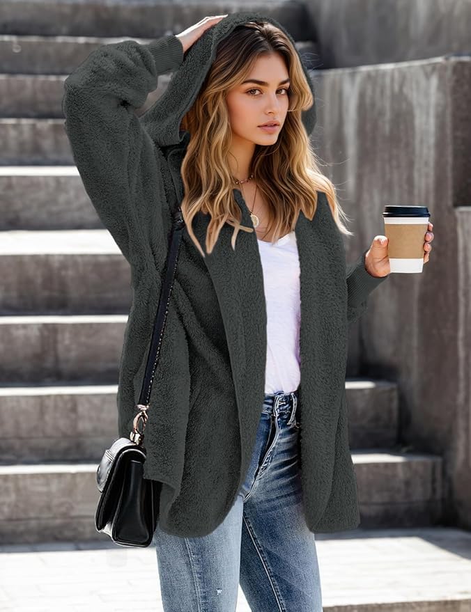 Zilcremo Women Hooded Cardigan Fuzzy Jacket Winter Open Front Fleece Coat Outwear with Pockets