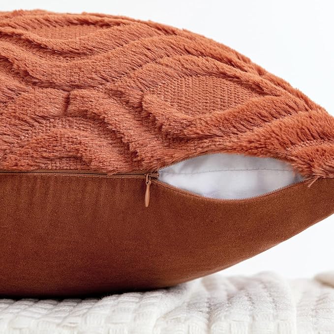 MIULEE Fall Rust Soft Plush Faux Wool Throw Pillow Covers 16x16 | Set of 2, Farmhouse Boho Home Decor, Decorative Cushion Covers for Sofa, Living Room, Bed