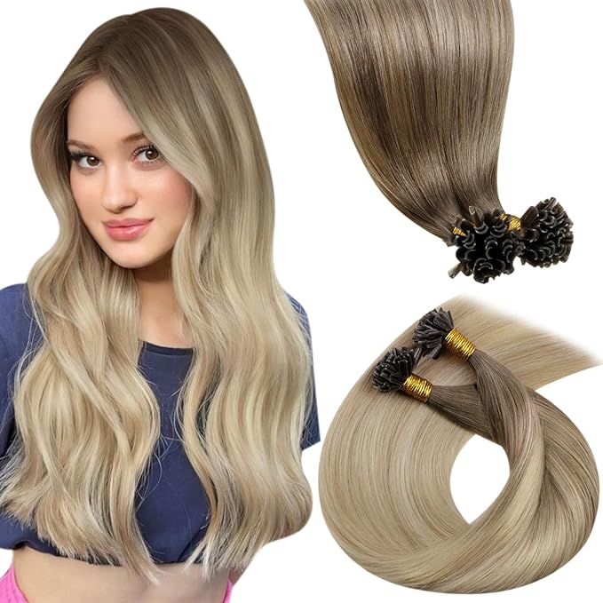LaaVoo Ktip Human Hair Extensions Ombre Light Brown to Ash Blonde with Platinum Blonde U Tip Hair Extensions Human Hair 14in 1g/1s 50g