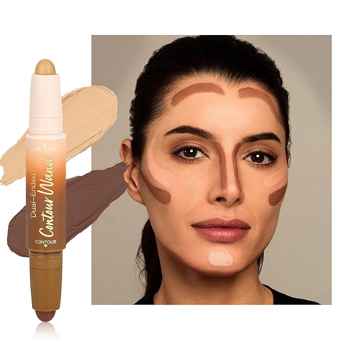 Contour Highlighter Stick，2-in-1 Dual-Ended Cream Bronzer & Highlighter Sticks Pen for Face Body Contouring Makeup- Buildable，Waterproof, Easy to Apply Suitable for Beginners，04Nude Brown+Nude