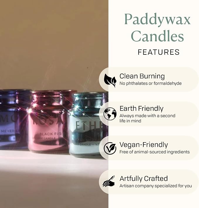 Paddywax Chroma Scented Candle with Lid in Reusable Metallic Etched Glass Jar, Clean- Burn Soy Candle with Approx. 14 Hour Burn Time, Violet – Cosmos, Wild Wisteria & Willow, 2.5 oz